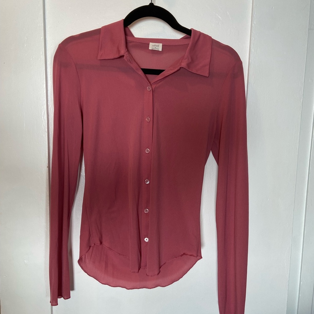 WILFRED ARITZIA Pink Pose Long Sleeve Collared Stretch Jersey Knit Shirt Size M